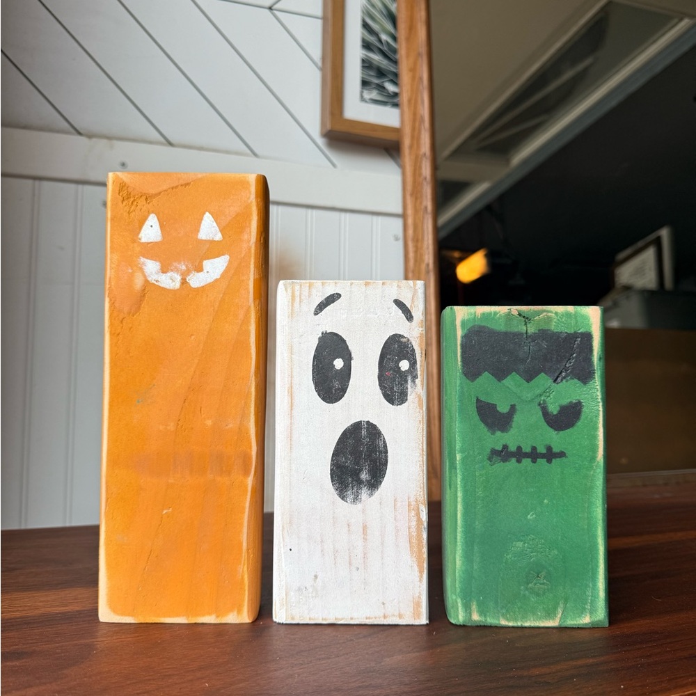 Halloween Wood Decor Handmade Ghost, Pumpkin, Frankenstein Set